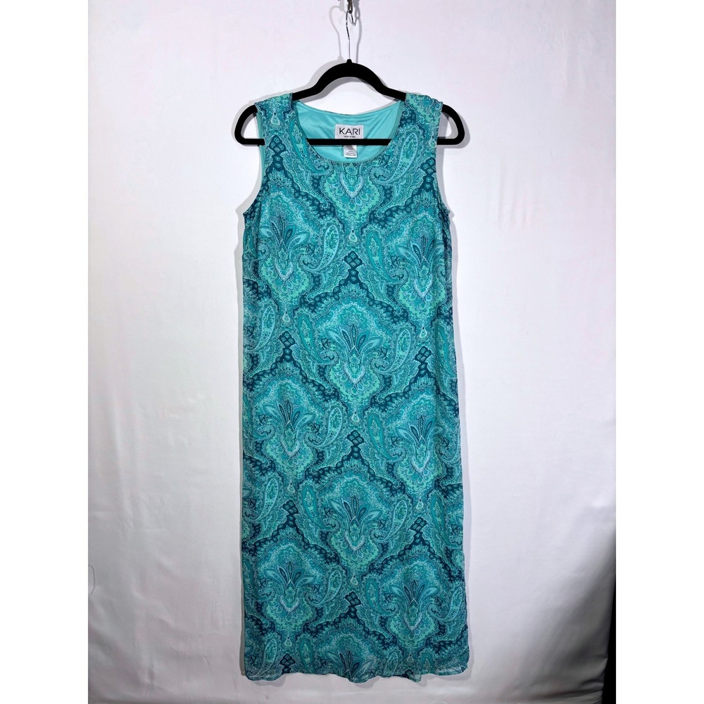 90s Boho Paisley Kari New York Sleeveless Midi Shift Dress Womens 10 Teal
